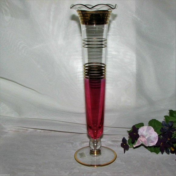Vintage 10" Red Glass Vase Cranberry Flash Footed Gold Bands Mid-century Decor - Picture 1 of 6